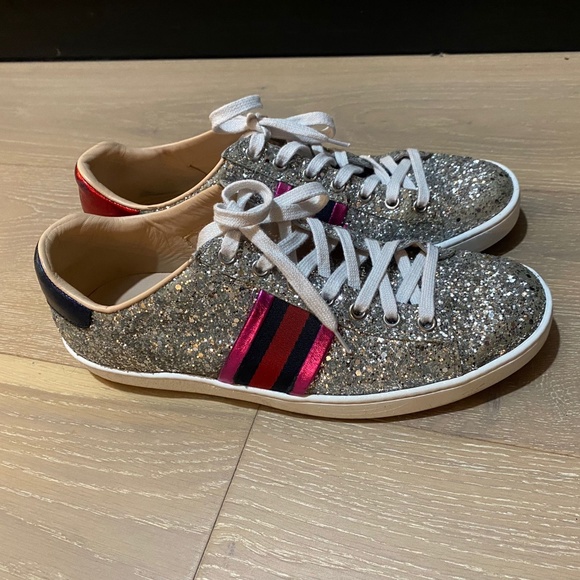 GUCCI SILVER GLITTER ACE SNEAKERS - Picture 3 of 5